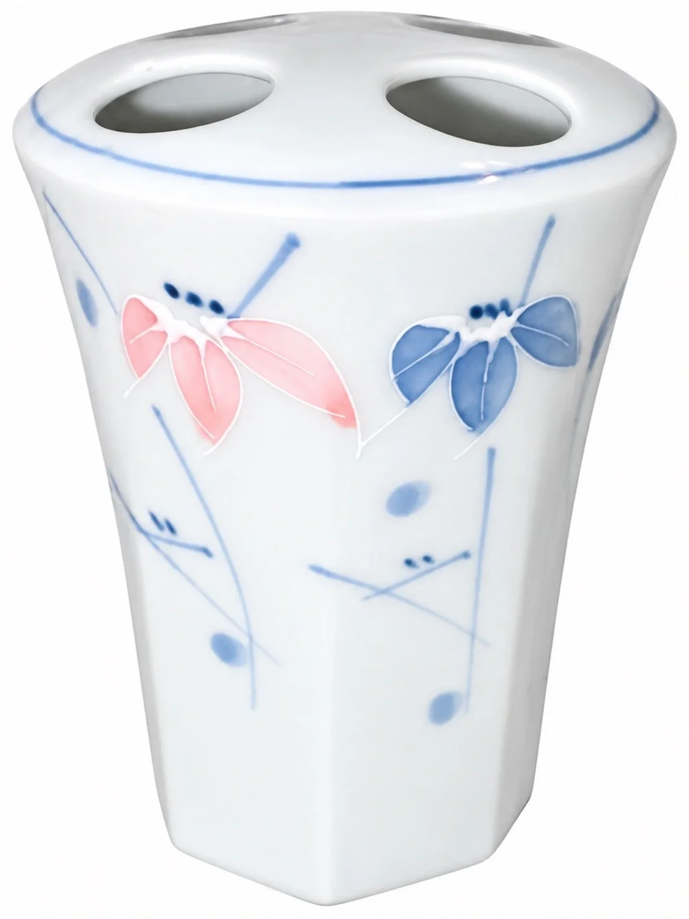 Porcelain Toothbrush Holder with Pink and Blue Floral Motif